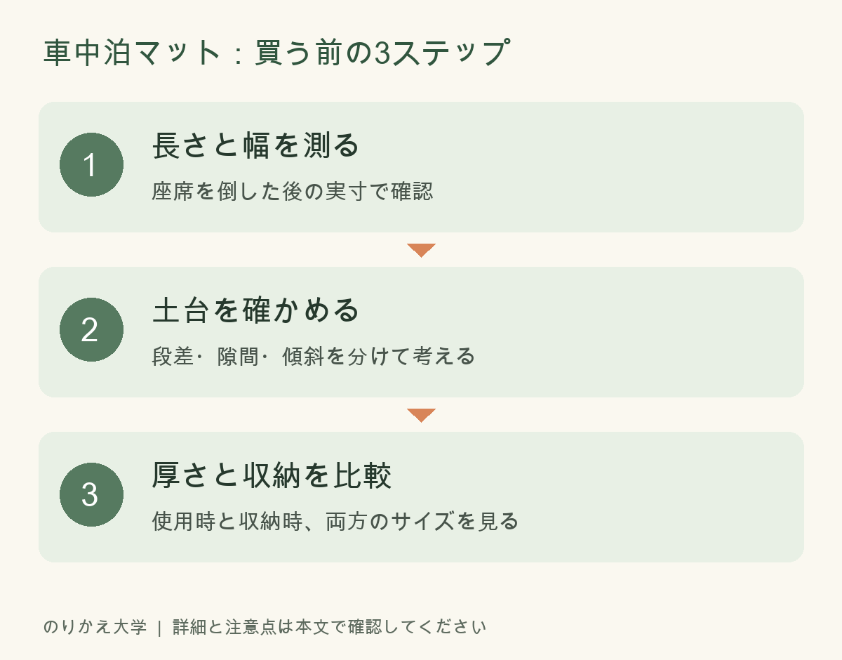 車中泊マット：買う前の3ステップ。長さと幅を測る：座席を倒した後の実寸で確認。土台を確かめる：段差・隙間・傾斜を分けて考える。厚さと収納を比較：使用時と収納時、両方のサイズを見る