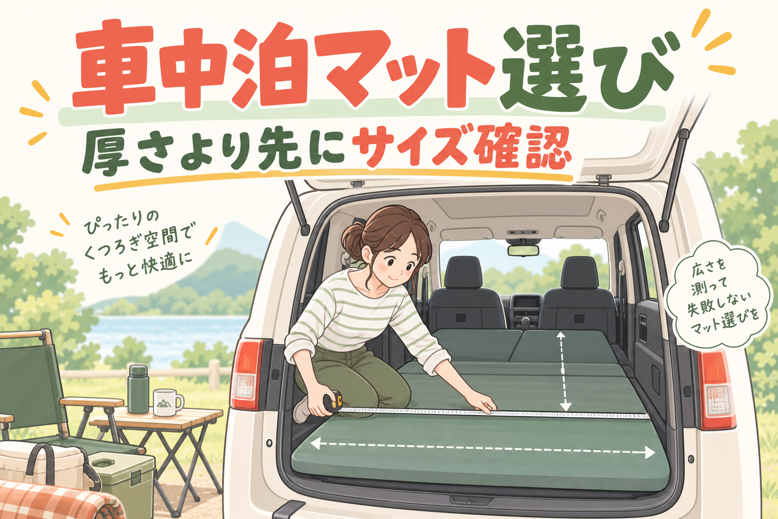 車中泊マットの選び方｜厚さを決める前に測りたいサイズ・段差・収納のイメージイラスト