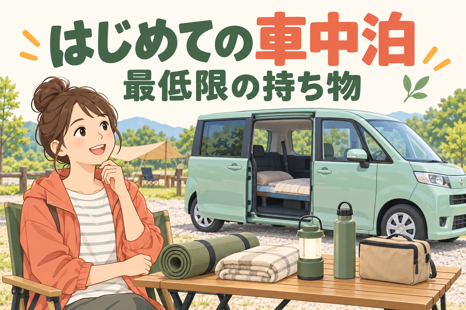 車中泊に必要なものは？初心者が最低限そろえる持ち物と準備リストのイメージイラスト