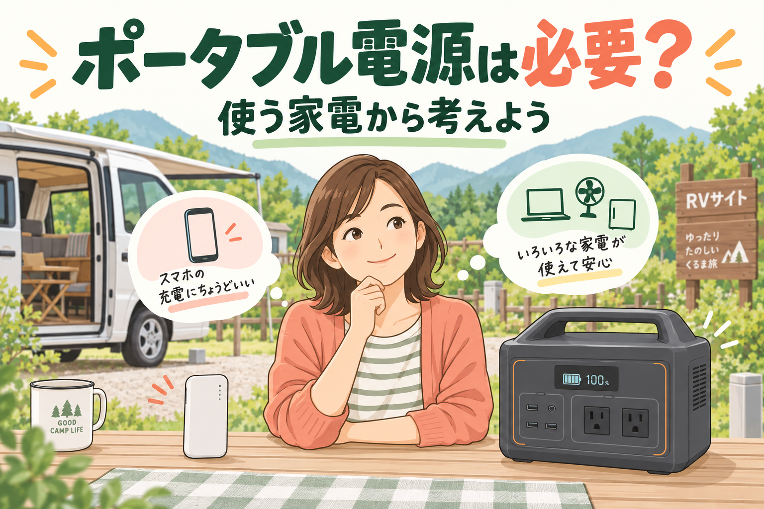 車中泊にポータブル電源はいらない？使う家電と容量で考える選び方のイメージイラスト